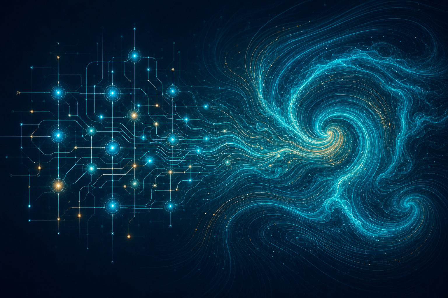 Conceptual visualization of quantum circuits merging into a turbulent flow